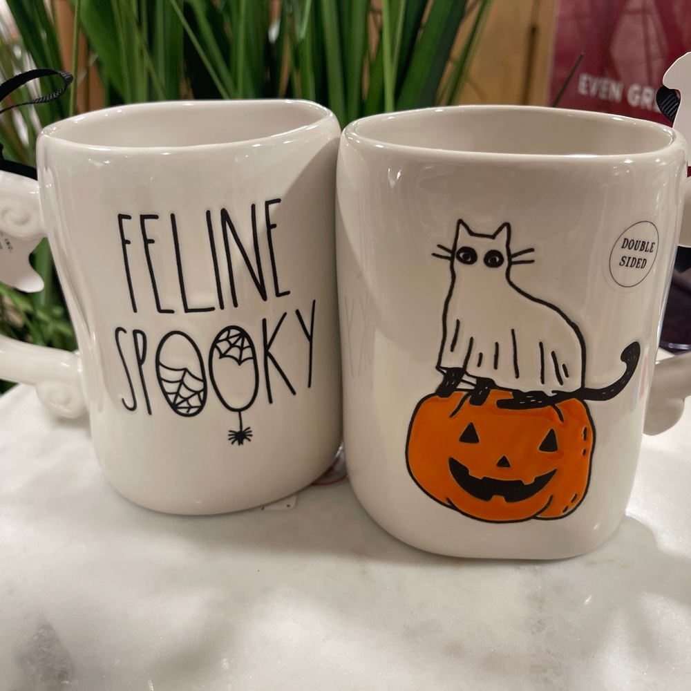 Rae Dunn Halloween Black cat Ghost Cat Feline Spooky Ceramic Coffee Mug NWT